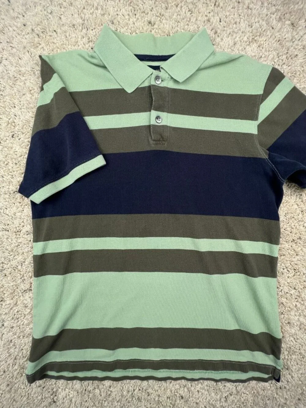 Banana Republic Polo Shirt Mens Medium Green Brown Striped Short Sleeve Casual